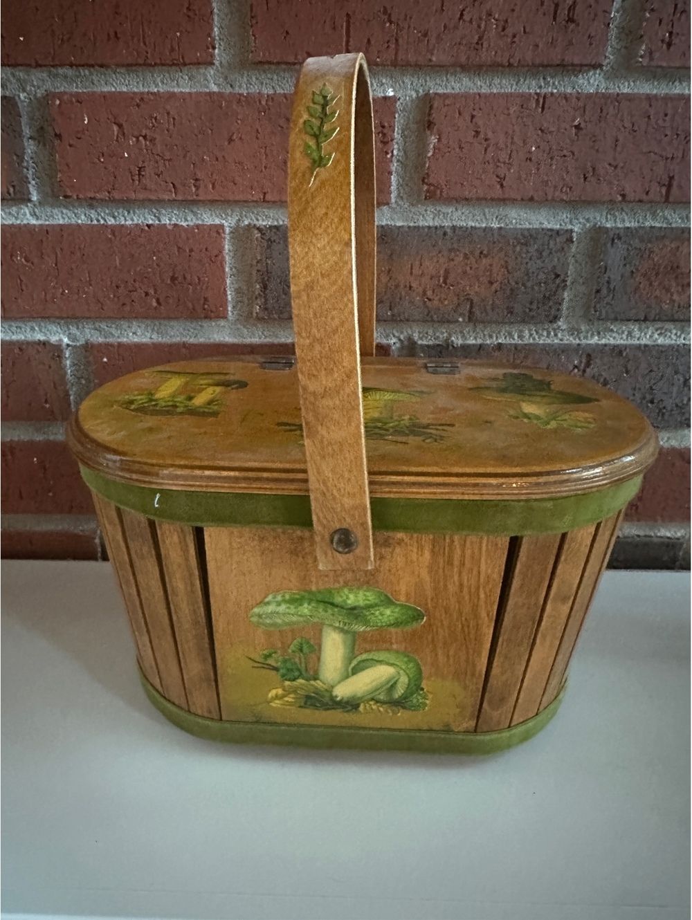 Vintage Wooden Purse Sewing Notions Basket Mushroom Theme 1960s 1970s Unique